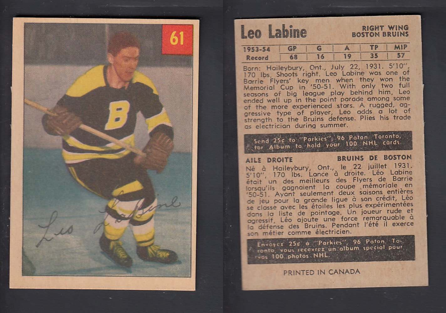 1954-55 PARKHURST HOCKEY CARD #61 L. LABINE photo