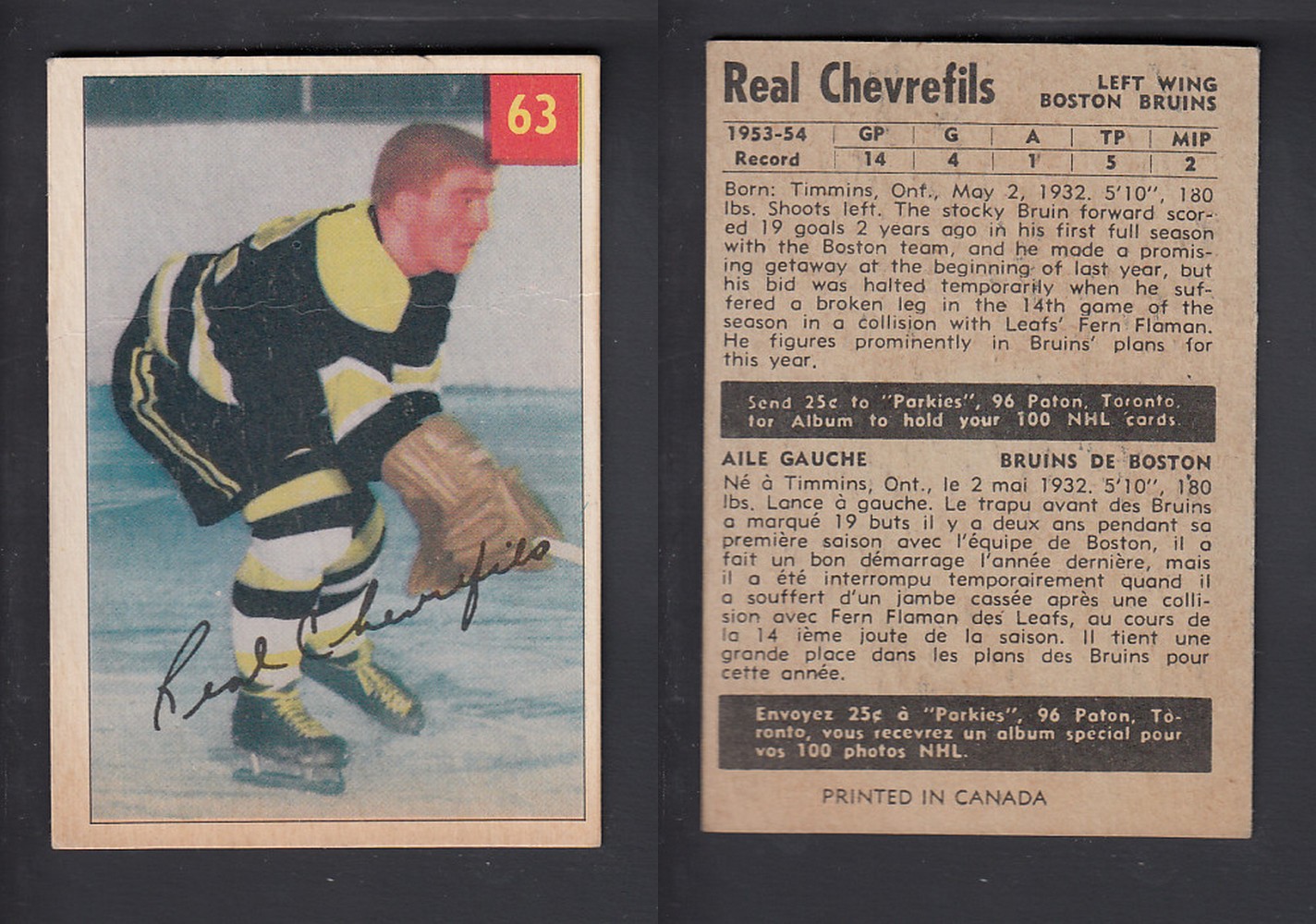 1954-55 PARKHURST HOCKEY CARD #63 R. CHEVREFILS photo