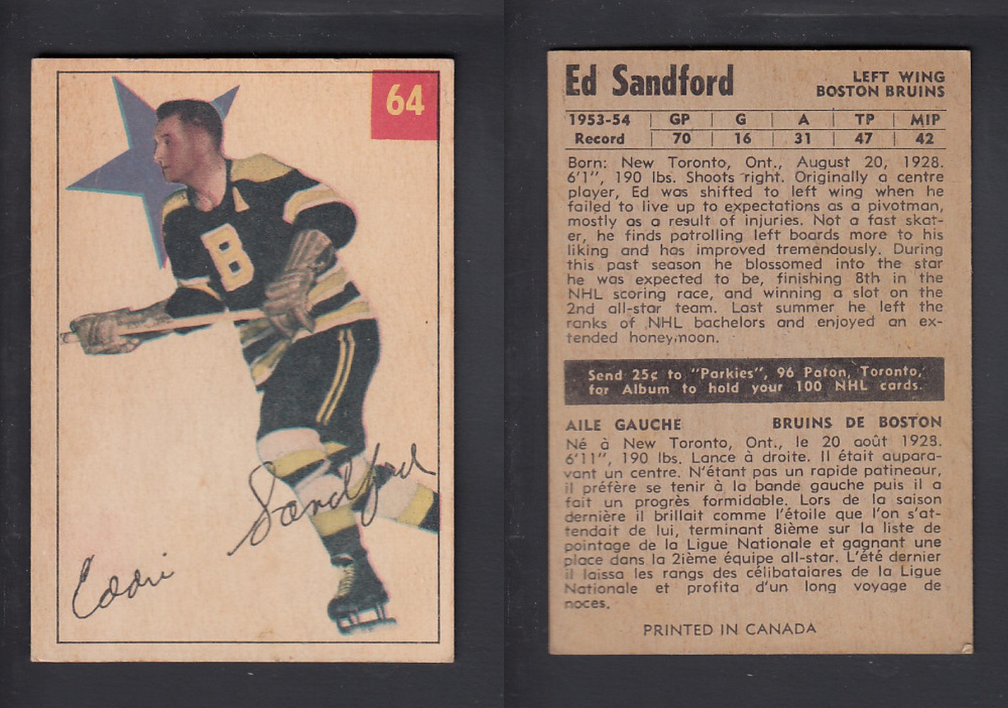 1954-55 PARKHURST HOCKEY CARD #64 E. SANDFORD photo