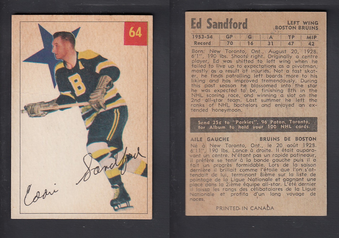 1954-55 PARKHURST HOCKEY CARD #64 E. SANDFORD photo