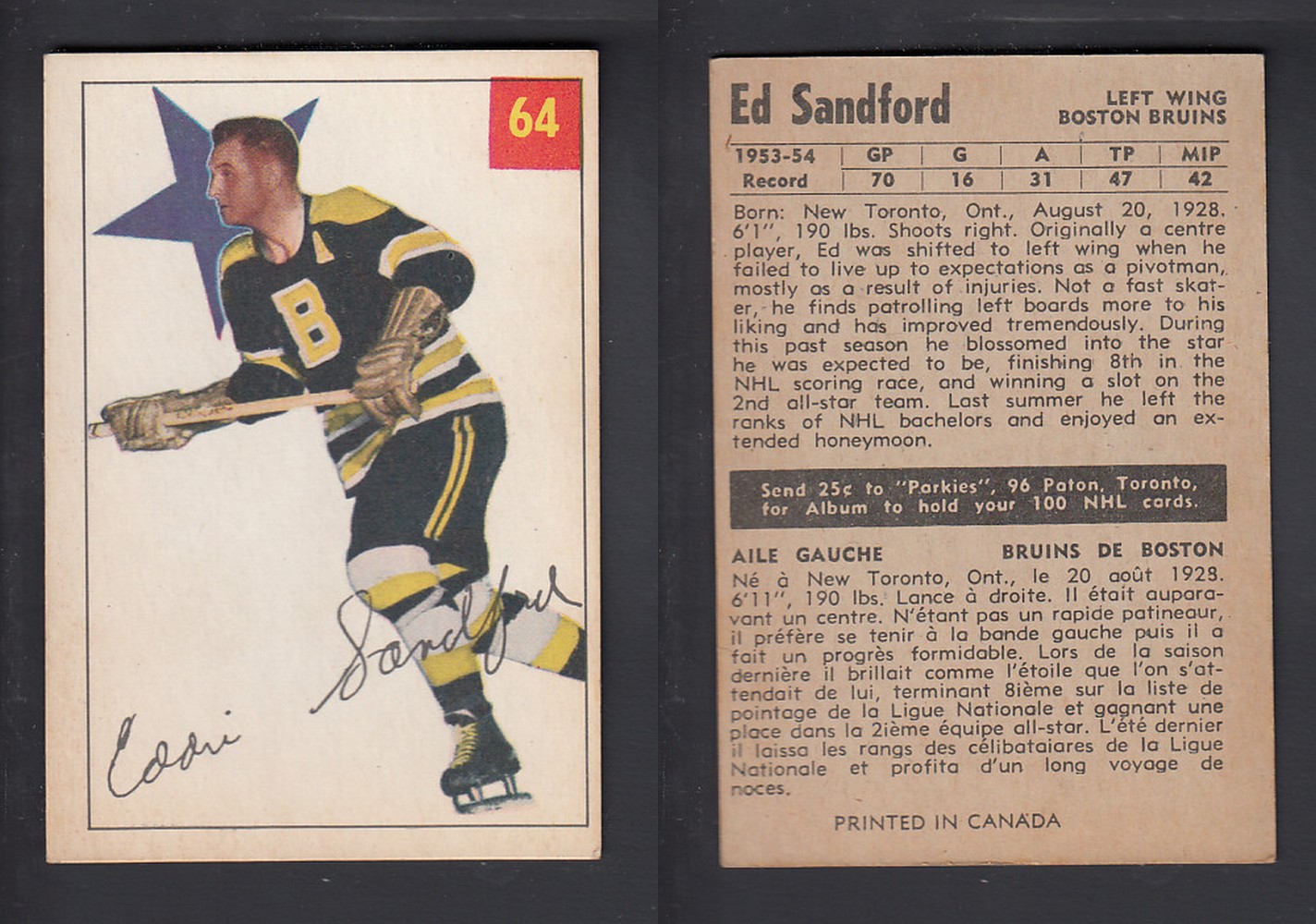 1954-55 PARKHURST HOCKEY CARD #64 E. SANDFORD photo