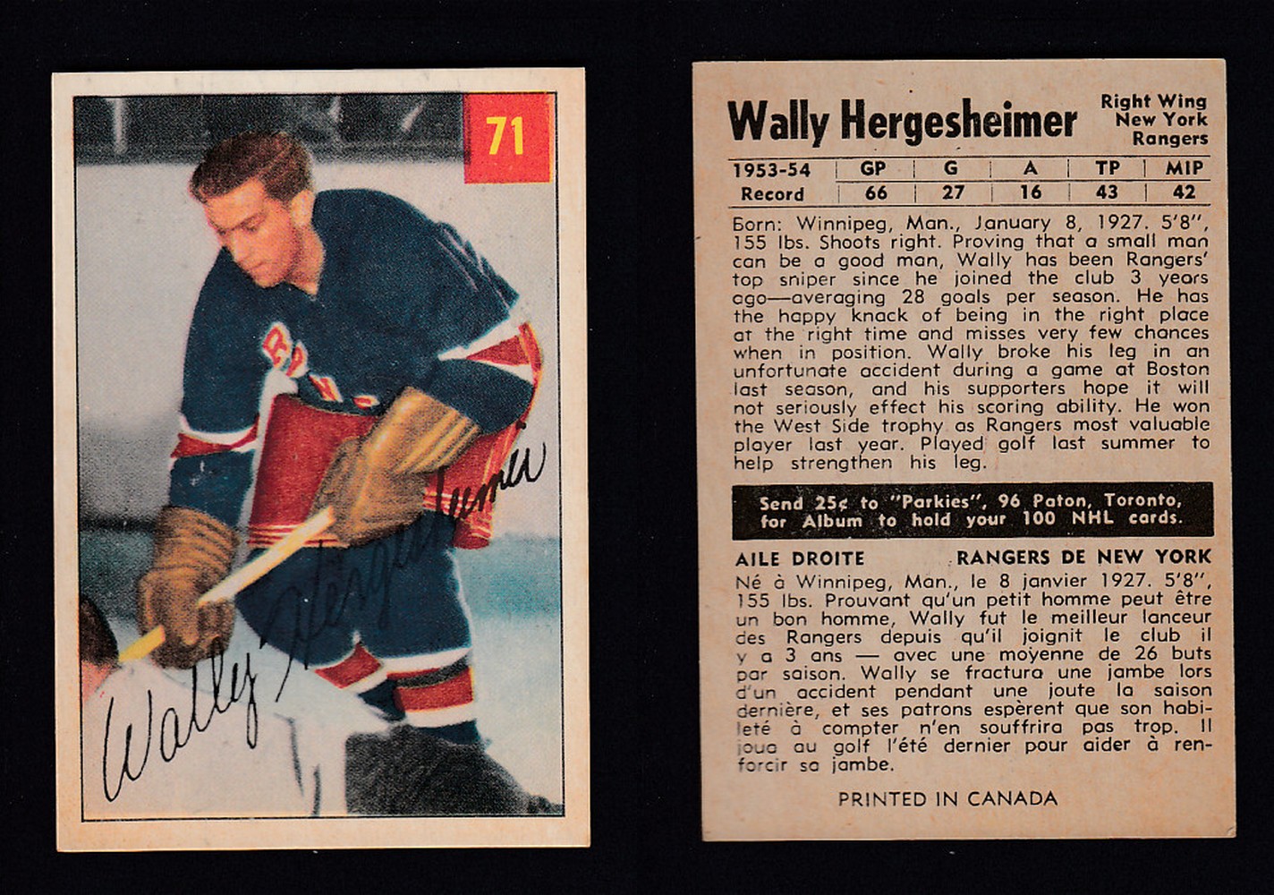 1954-55 PARKHURST HOCKEY CARD #71 W. HERGESHEIMER photo