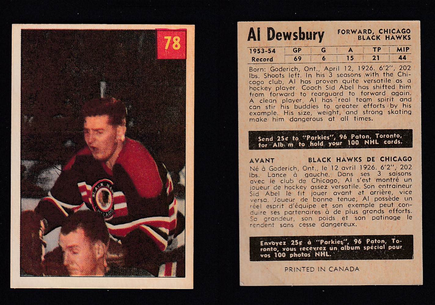 1954-55 PARKHURST HOCKEY CARD #78 A. DEWSBURY photo