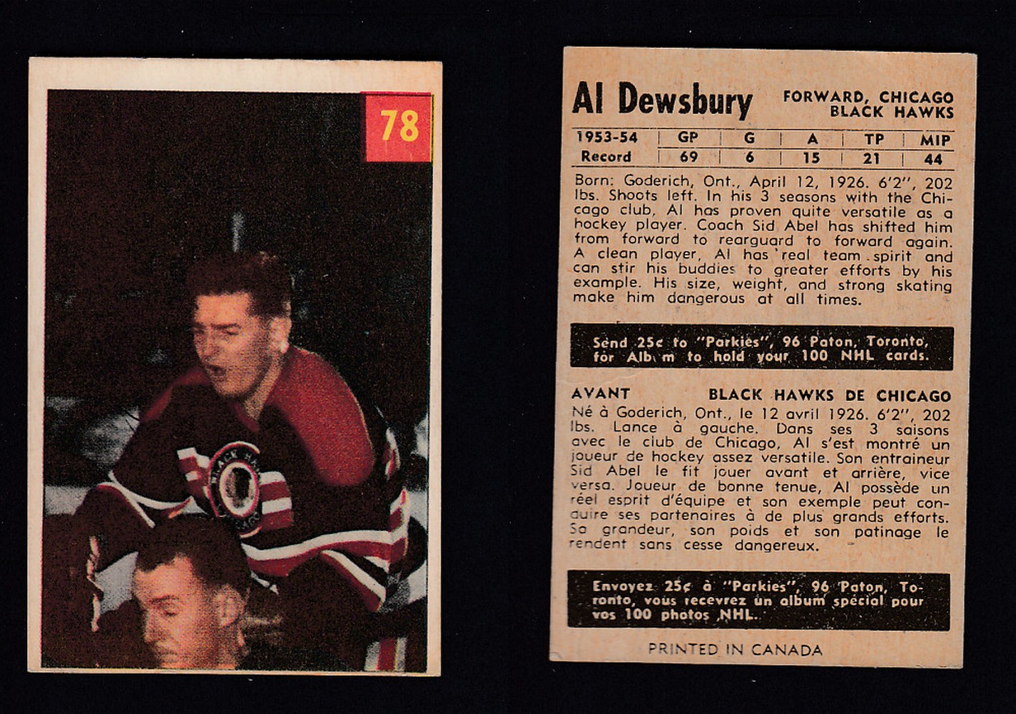 1954-55 PARKHURST HOCKEY CARD #78 A. DEWSBURY photo