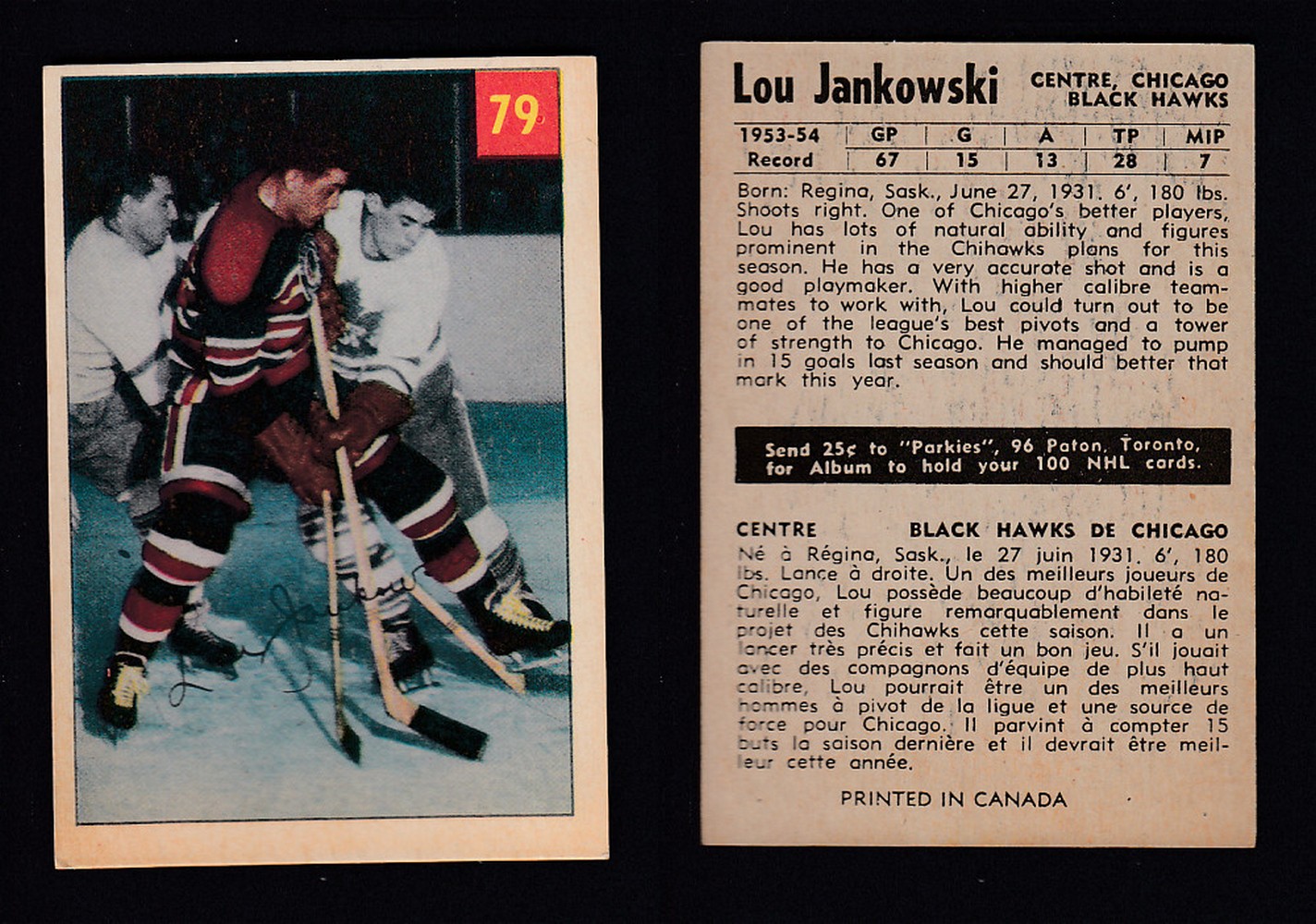 1954-55 PARKHURST HOCKEY CARD #79 L. JANKOWSKI photo