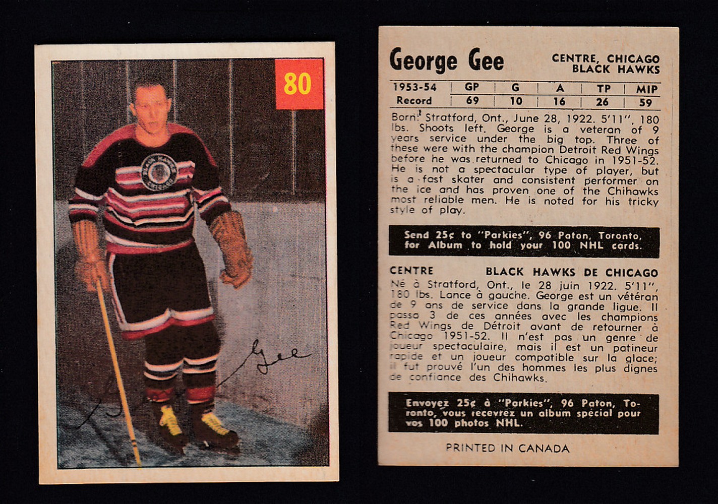 1954-55 PARKHURST HOCKEY CARD #80 G. GEE photo