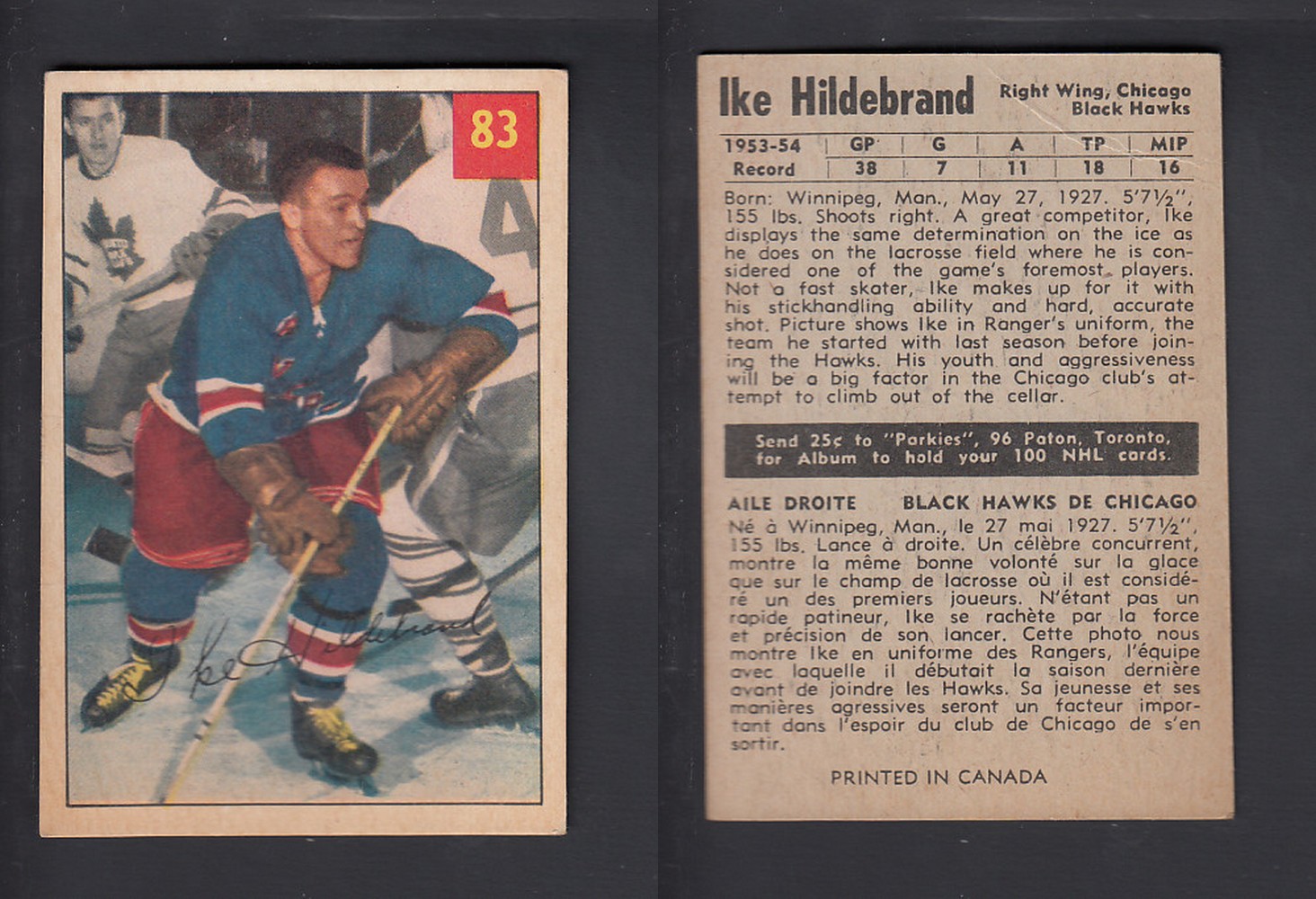 1954-55 PARKHURST HOCKEY CARD #83 I. HILDEBRAND photo