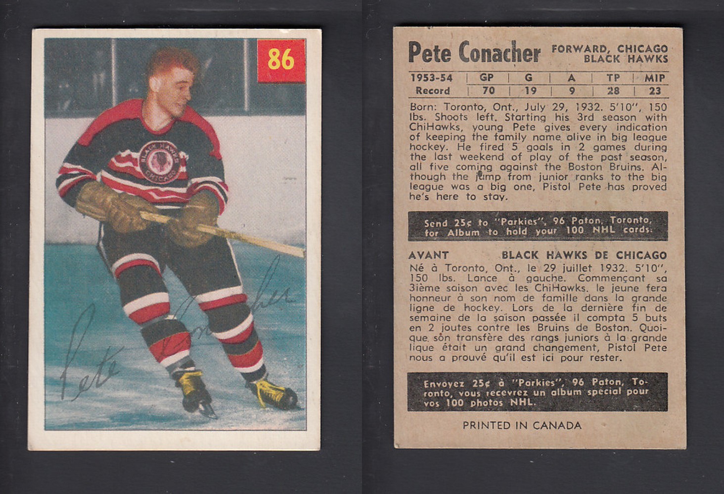 1954-55 PARKHURST HOCKEY CARD #86 P CONACHER photo