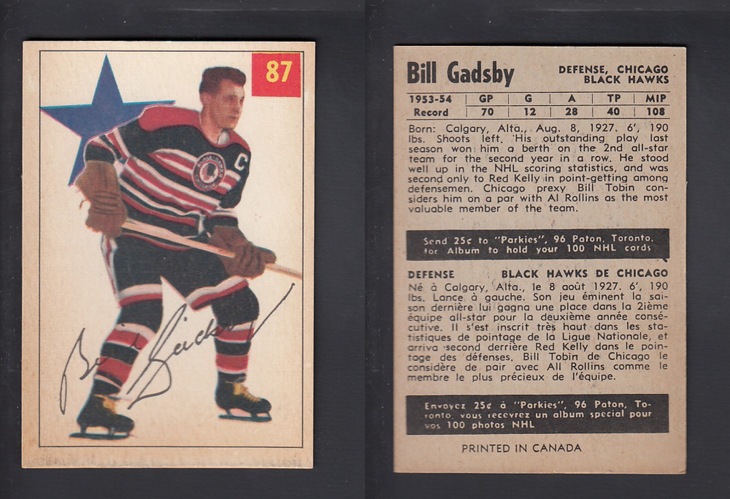 1954-55 PARKHURST HOCKEY CARD #87 B. GADSBY photo