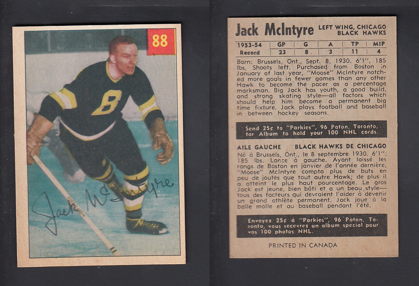 1954-55 PARKHURST HOCKEY CARD #88 J. McINTYRE photo