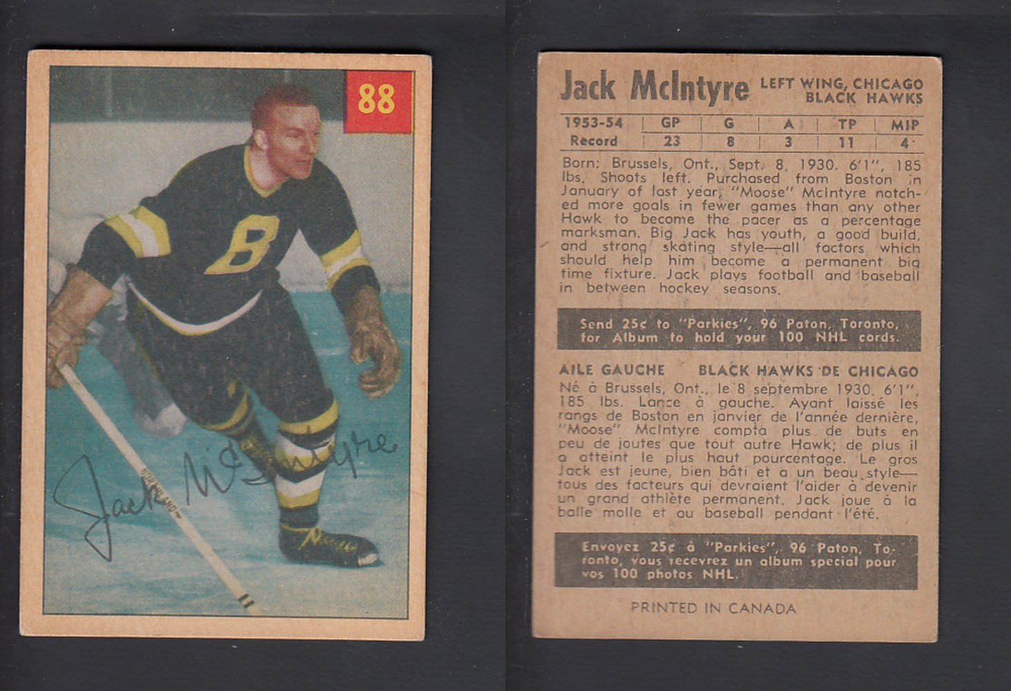 1954-55 PARKHURST HOCKEY CARD #88 J. McINTYRE photo