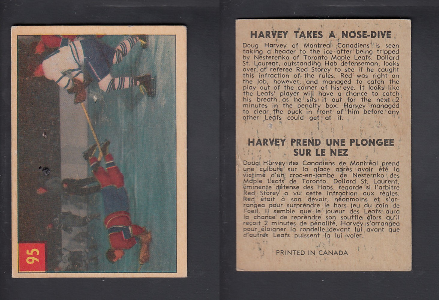 1954-55 PARKHURST HOCKEY CARD #95 HARVEY TAKES A NOSE-DIVE photo