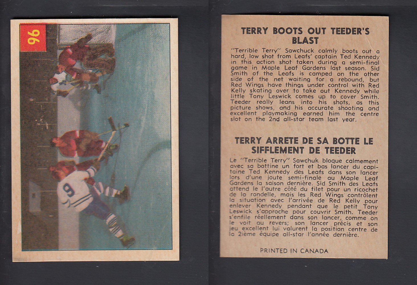 1954-55 PARKHURST HOCKEY CARD #96 TERRY BOOTS OUT TEEDER' BLAST photo