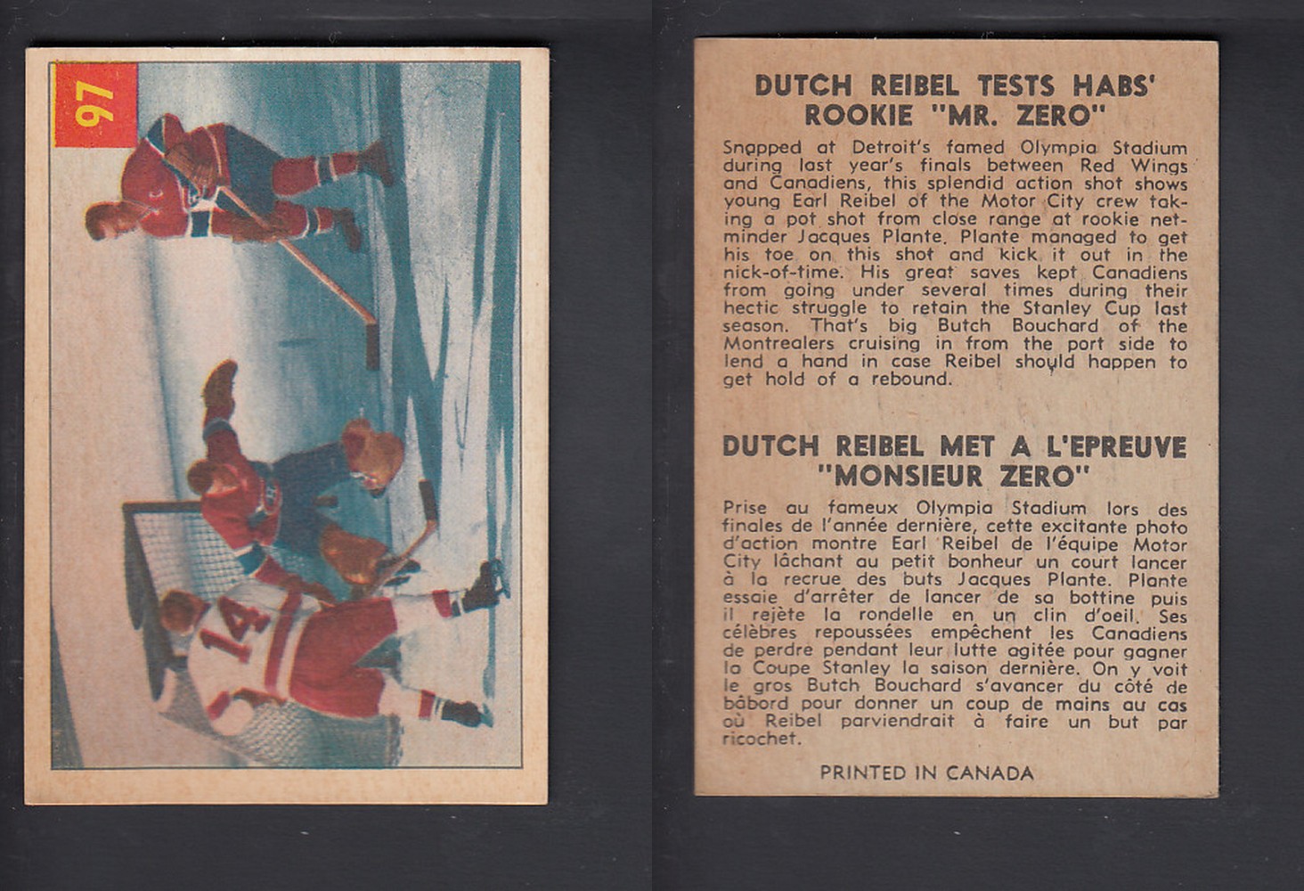 1954-55 PARKHURST HOCKEY CARD #97 D. REIBEL TESTS HABS' ROOKIE 