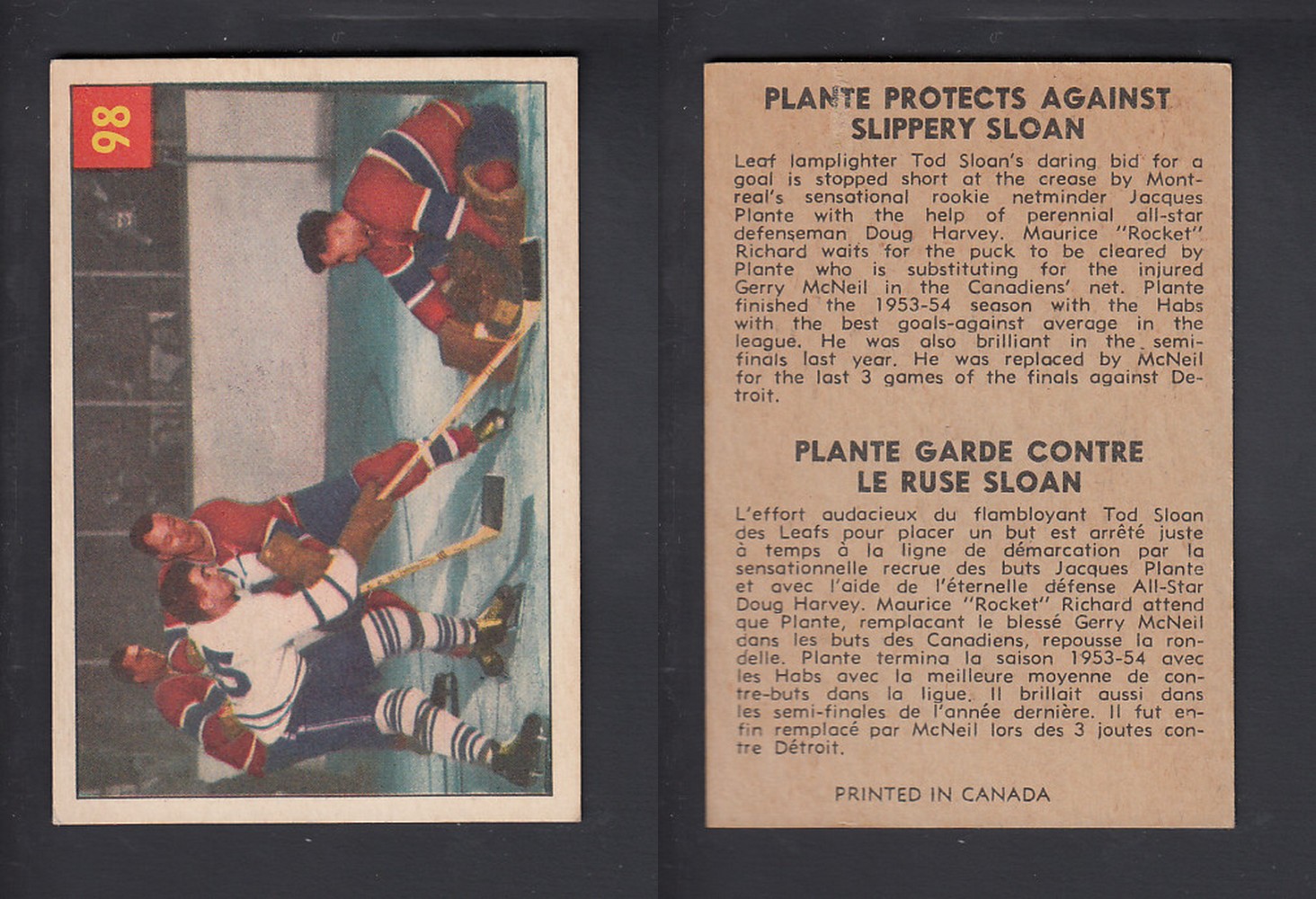 1954-55 PARKHURST HOCKEY CARD #98 PLANTE PROTECTS AGAINST SLIPPERY SLOAN photo