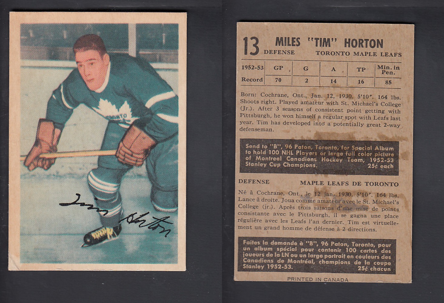 1953-54 PARKHURST HOCKEY CARD #13 T. HORTON photo