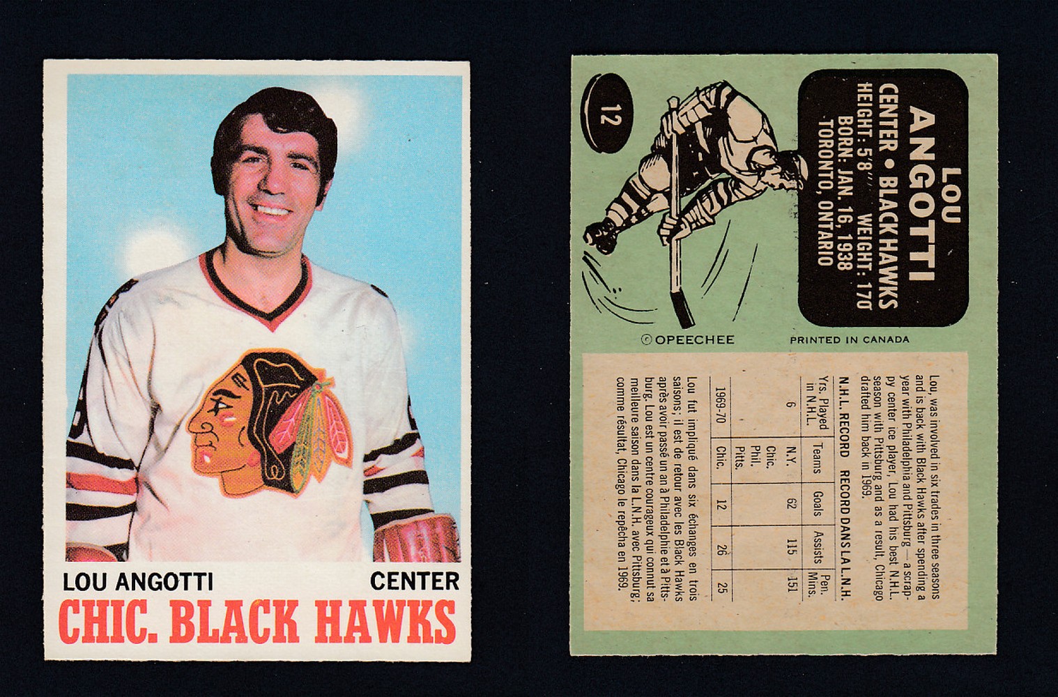 1970-71 O-PEE-CHEE HOCKEY CARD #12 L. ANGOTTI photo