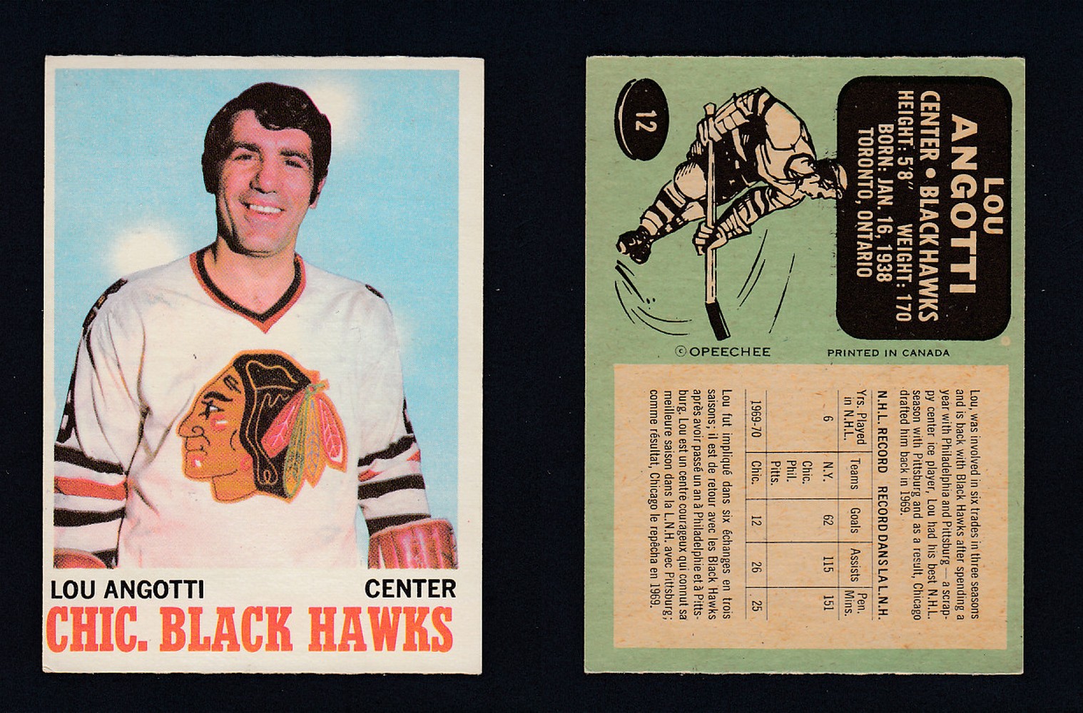 1970-71 O-PEE-CHEE HOCKEY CARD #12 L. ANGOTTI photo