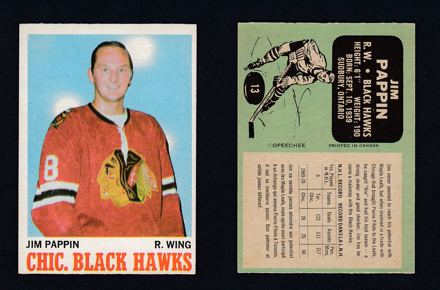 1970-71 O-PEE-CHEE HOCKEY CARD #13 J. PAPIN photo