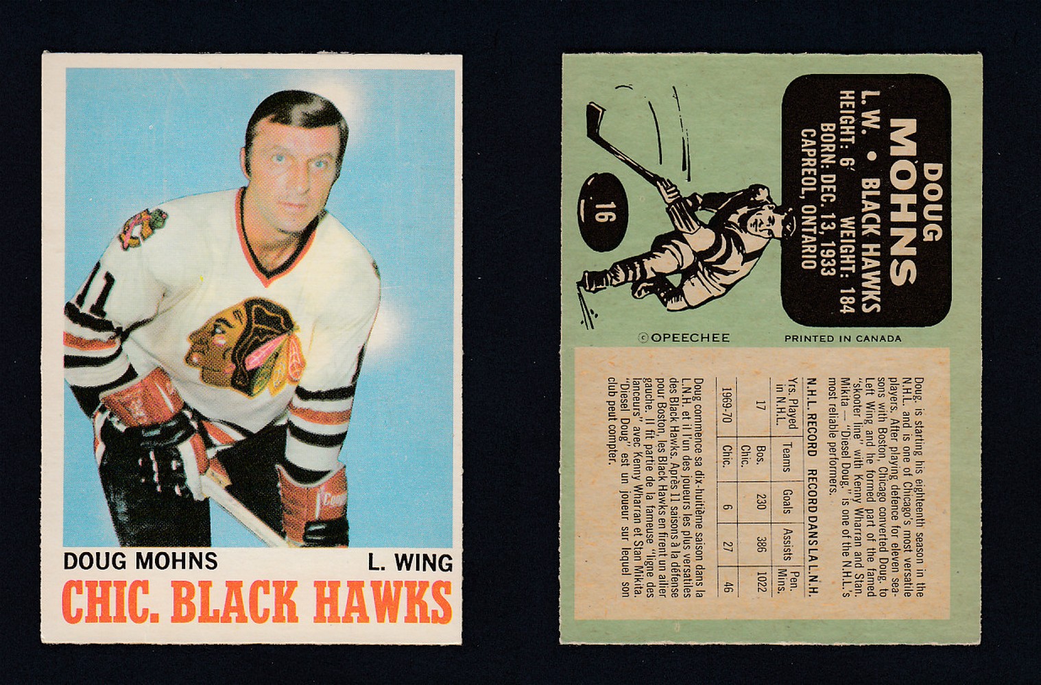 1970-71 O-PEE-CHEE HOCKEY CARD #16 D. MOHNS photo