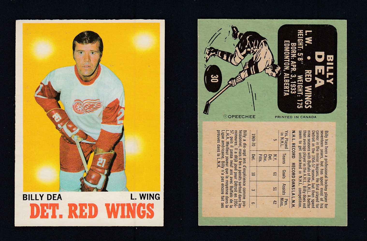 1970-71 O-PEE-CHEE HOCKEY CARD #30 B. DEA photo