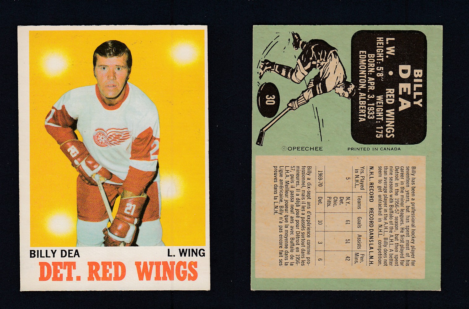 1970-71 O-PEE-CHEE HOCKEY CARD #30 B. DEA photo