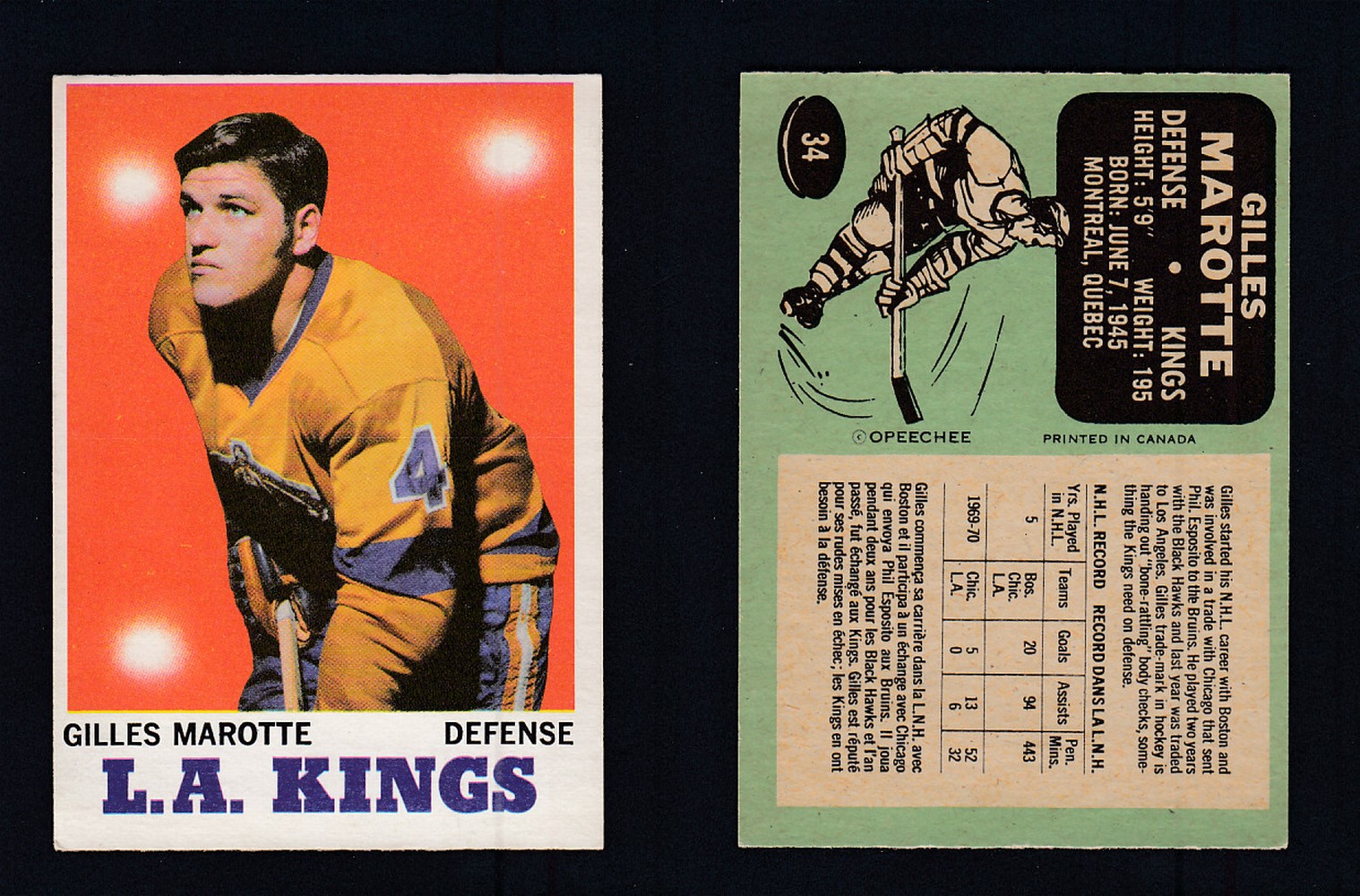 1970-71 O-PEE-CHEE HOCKEY CARD #34 G. MAROTTE photo