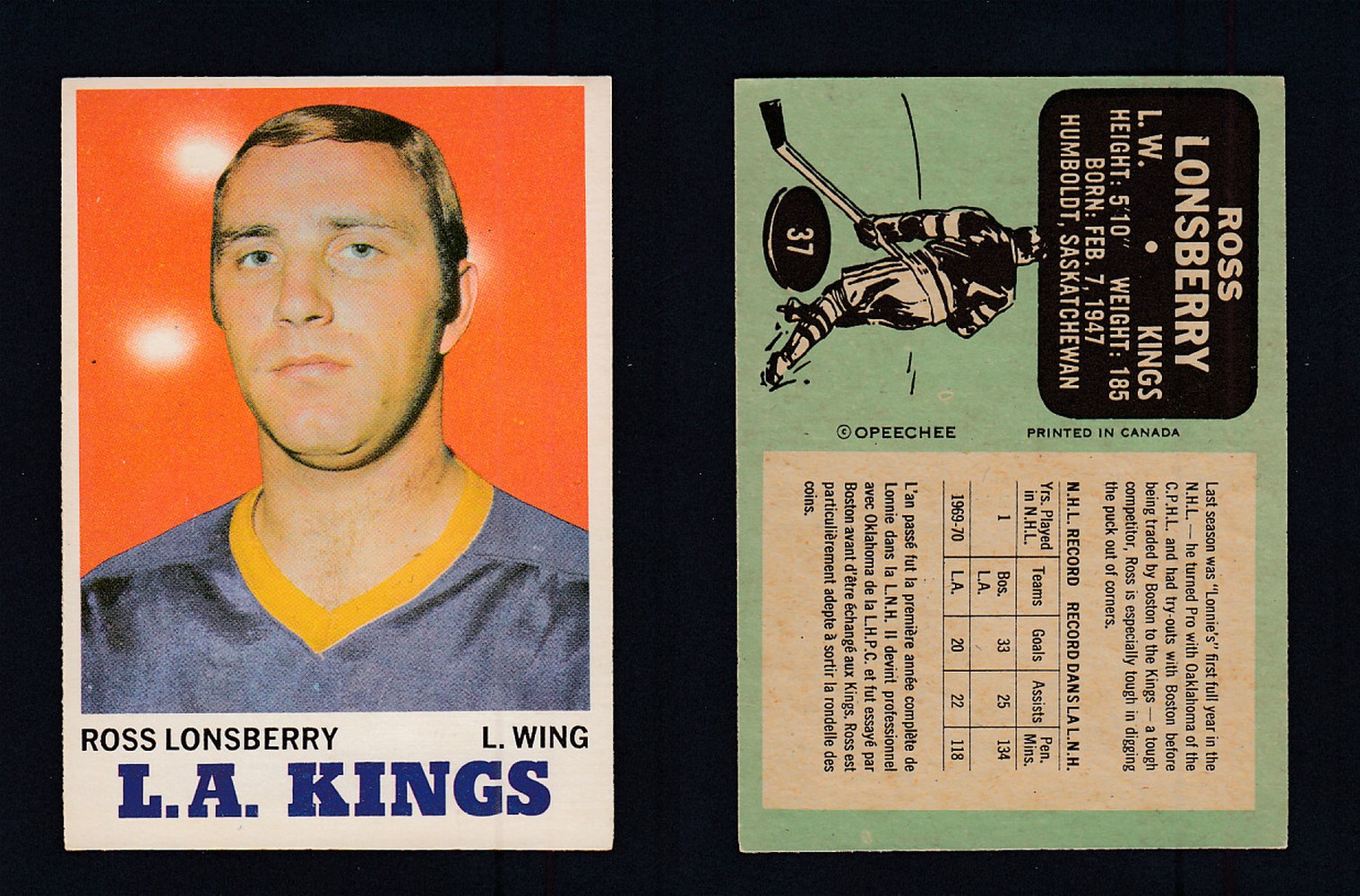 1970-71 O-PEE-CHEE HOCKEY CARD #37 R. LONSBERRY photo