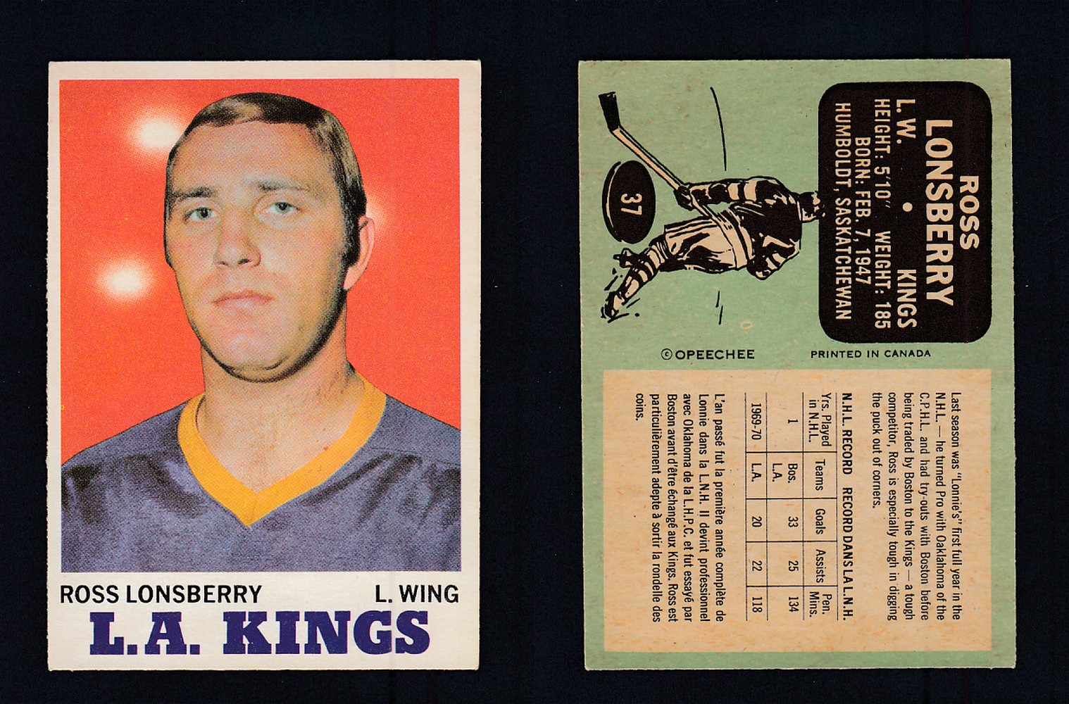 1970-71 O-PEE-CHEE HOCKEY CARD #37 R. LONSBERRY photo