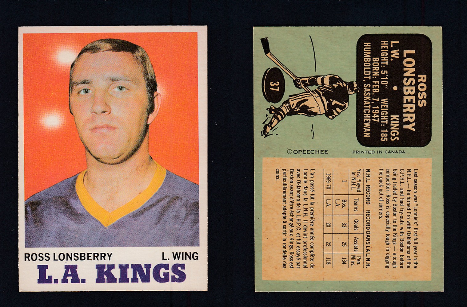 1970-71 O-PEE-CHEE HOCKEY CARD #37 R. LONSBERRY photo