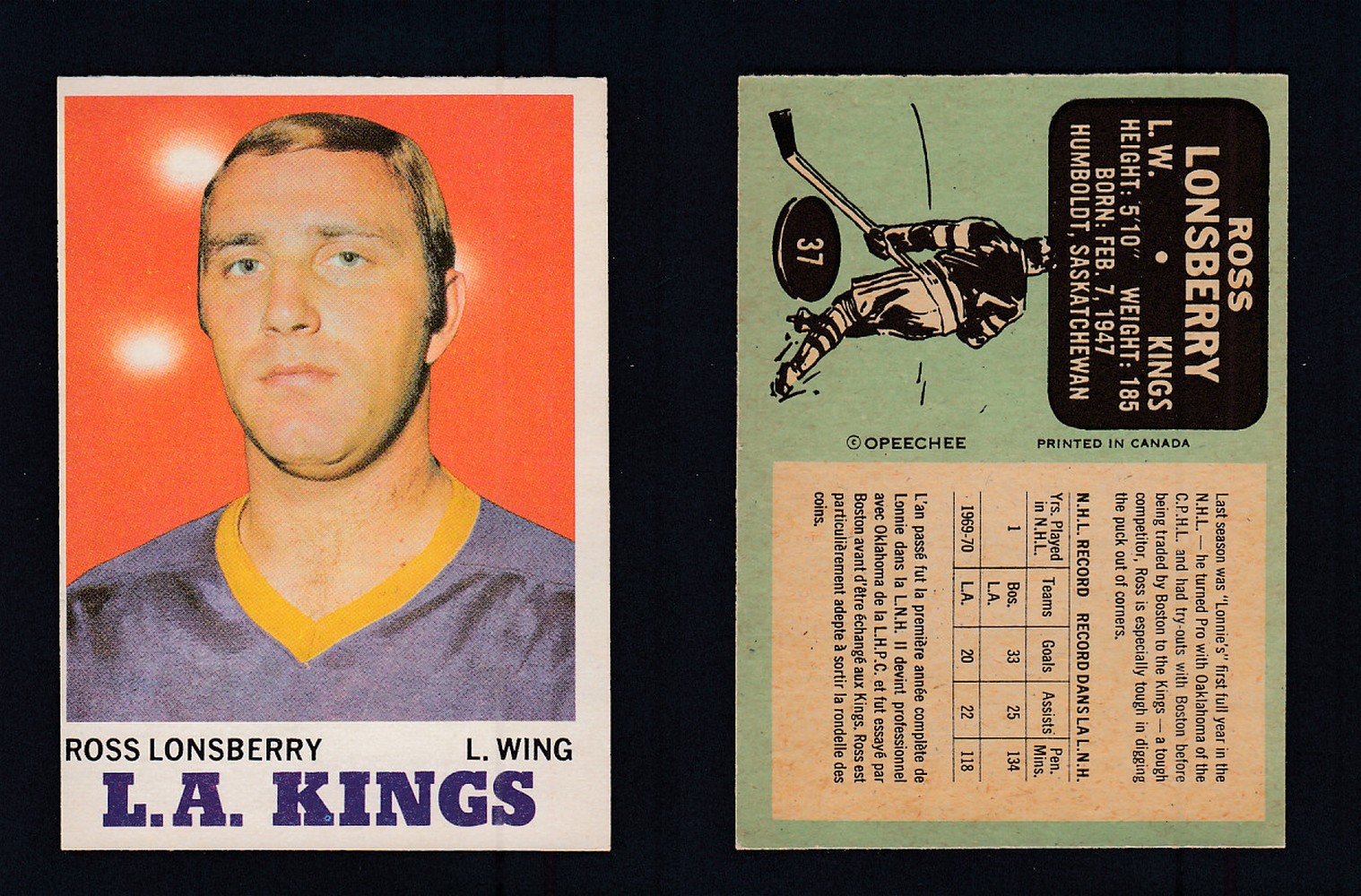 1970-71 O-PEE-CHEE HOCKEY CARD #37 R. LONSBERRY photo