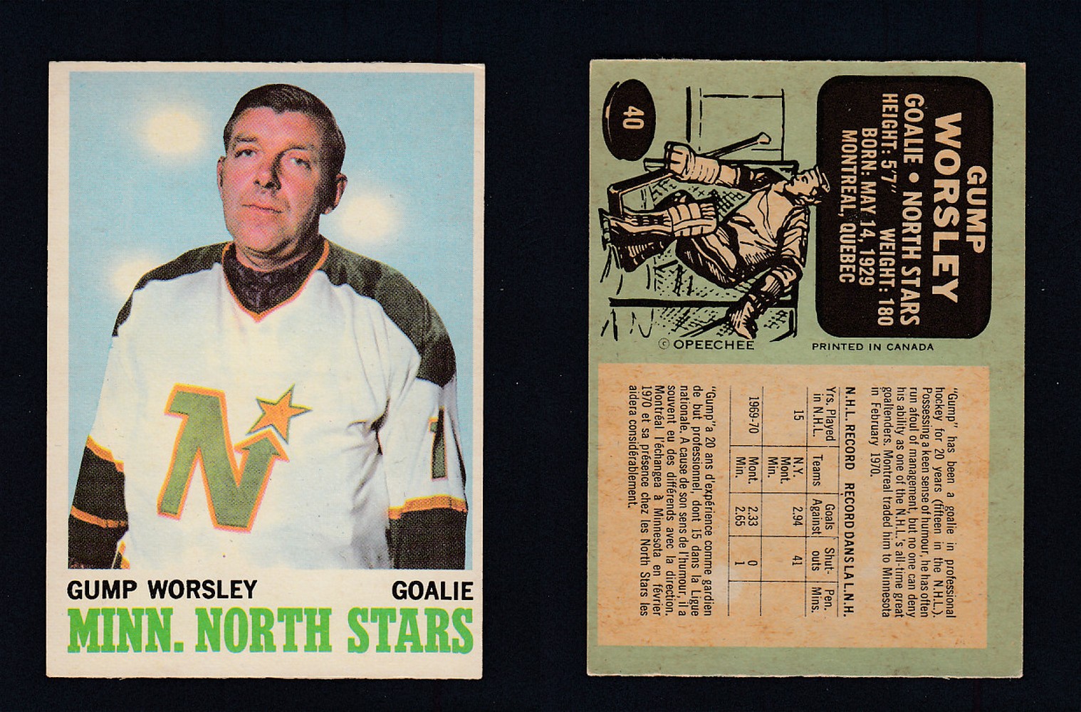 1970-71 O-PEE-CHEE HOCKEY CARD #40 G. WORSLEY photo