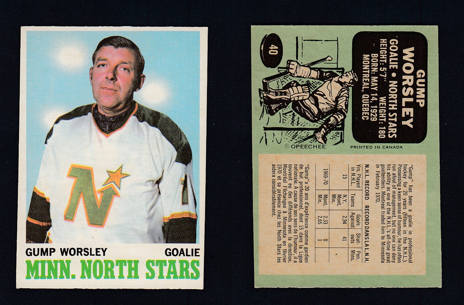 1970-71 O-PEE-CHEE HOCKEY CARD #40 G. WORSLEY photo