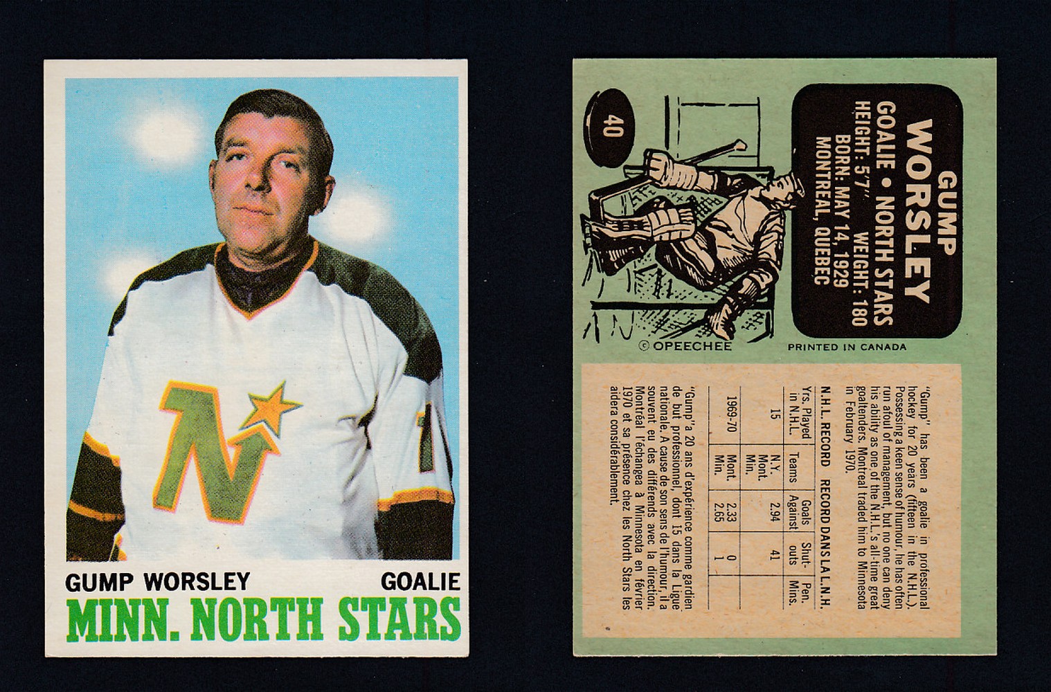 1970-71 O-PEE-CHEE HOCKEY CARD #40 G. WORSLEY photo