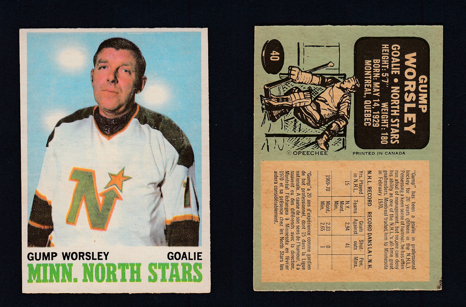 1970-71 O-PEE-CHEE HOCKEY CARD #40 G. WORSLEY photo