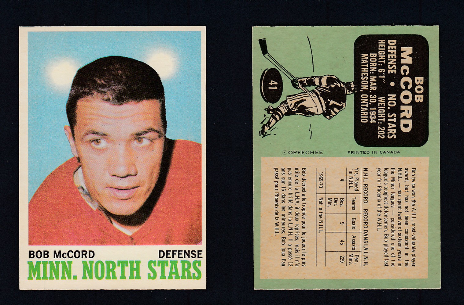 1970-71 O-PEE-CHEE HOCKEY CARD #41 B. McCORD photo