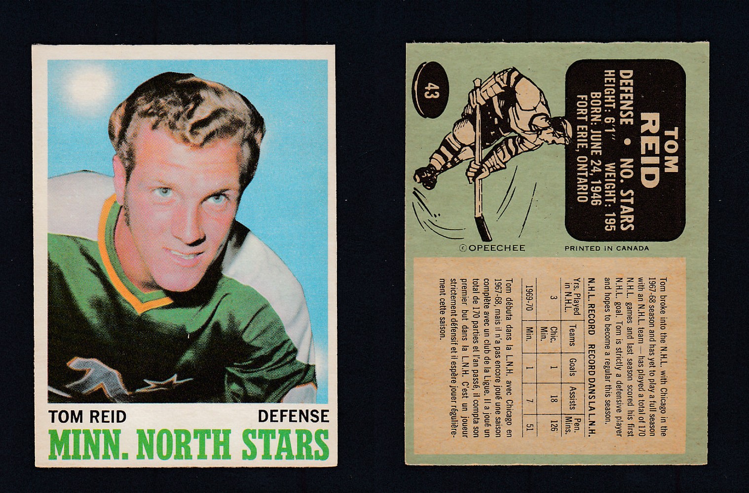 1970-71 O-PEE-CHEE HOCKEY CARD #43 T. REID photo