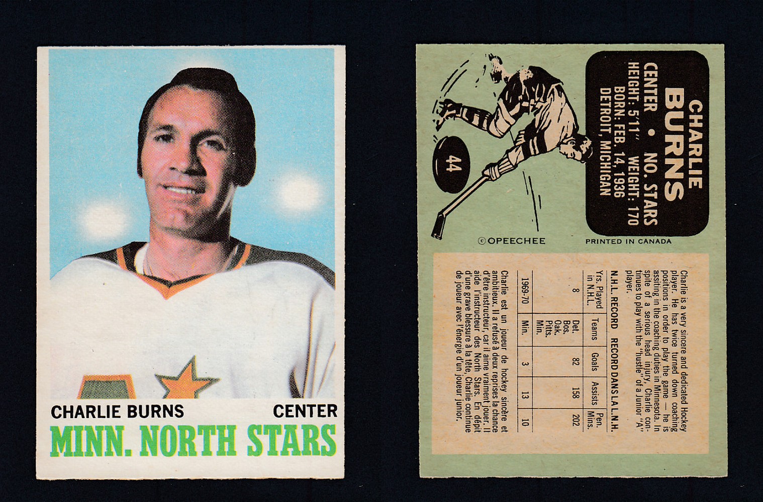 1970-71 O-PEE-CHEE HOCKEY CARD #44 C. BURNS photo