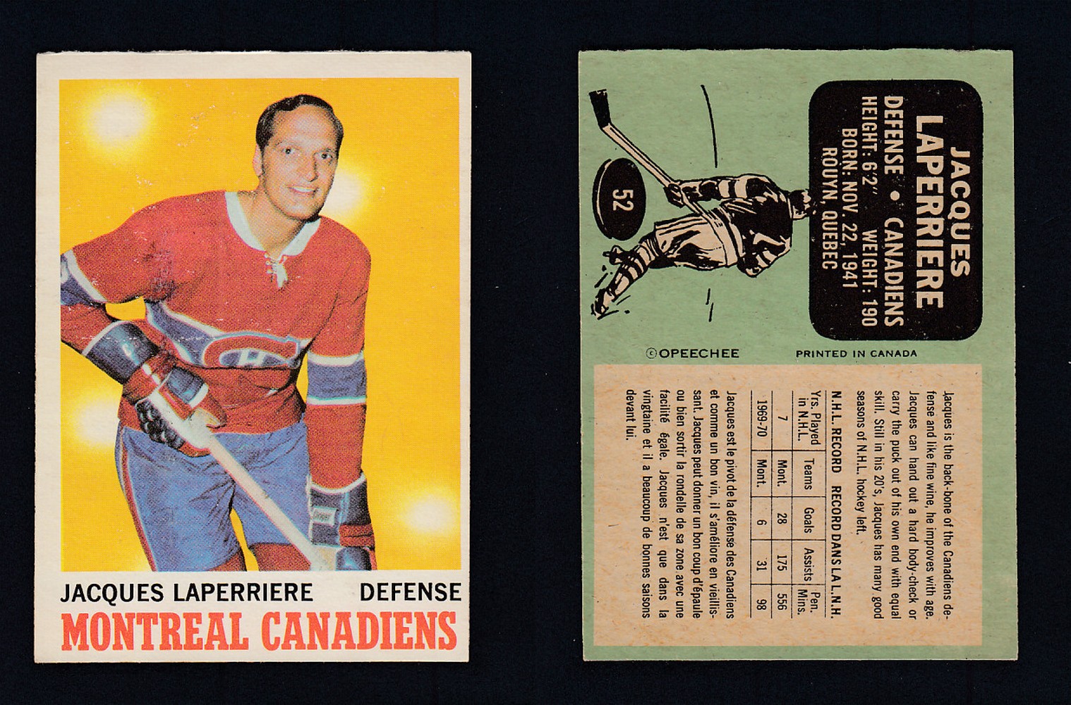 1970-71 O-PEE-CHEE HOCKEY CARD #52 J. LAPERRIERE photo