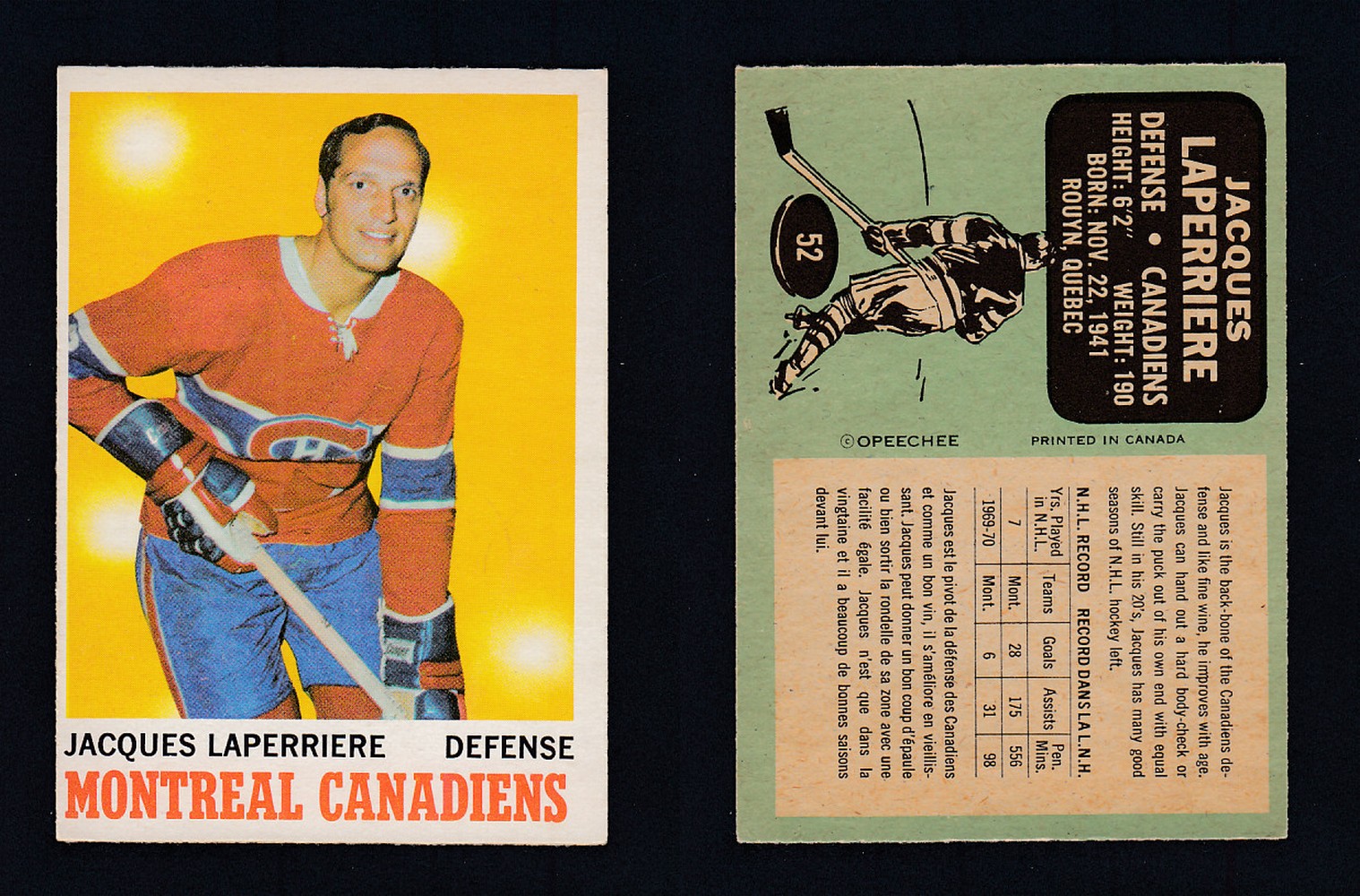 1970-71 O-PEE-CHEE HOCKEY CARD #52 J. LAPERRIERE photo