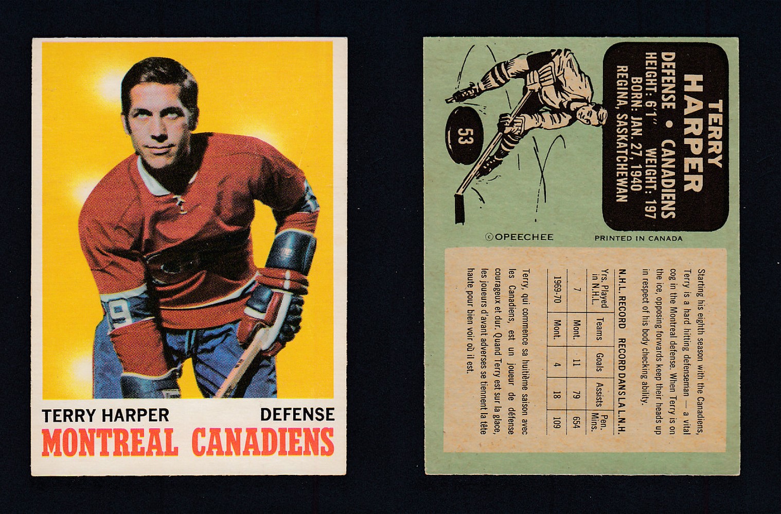 1970-71 O-PEE-CHEE HOCKEY CARD #53 T. HARPER photo