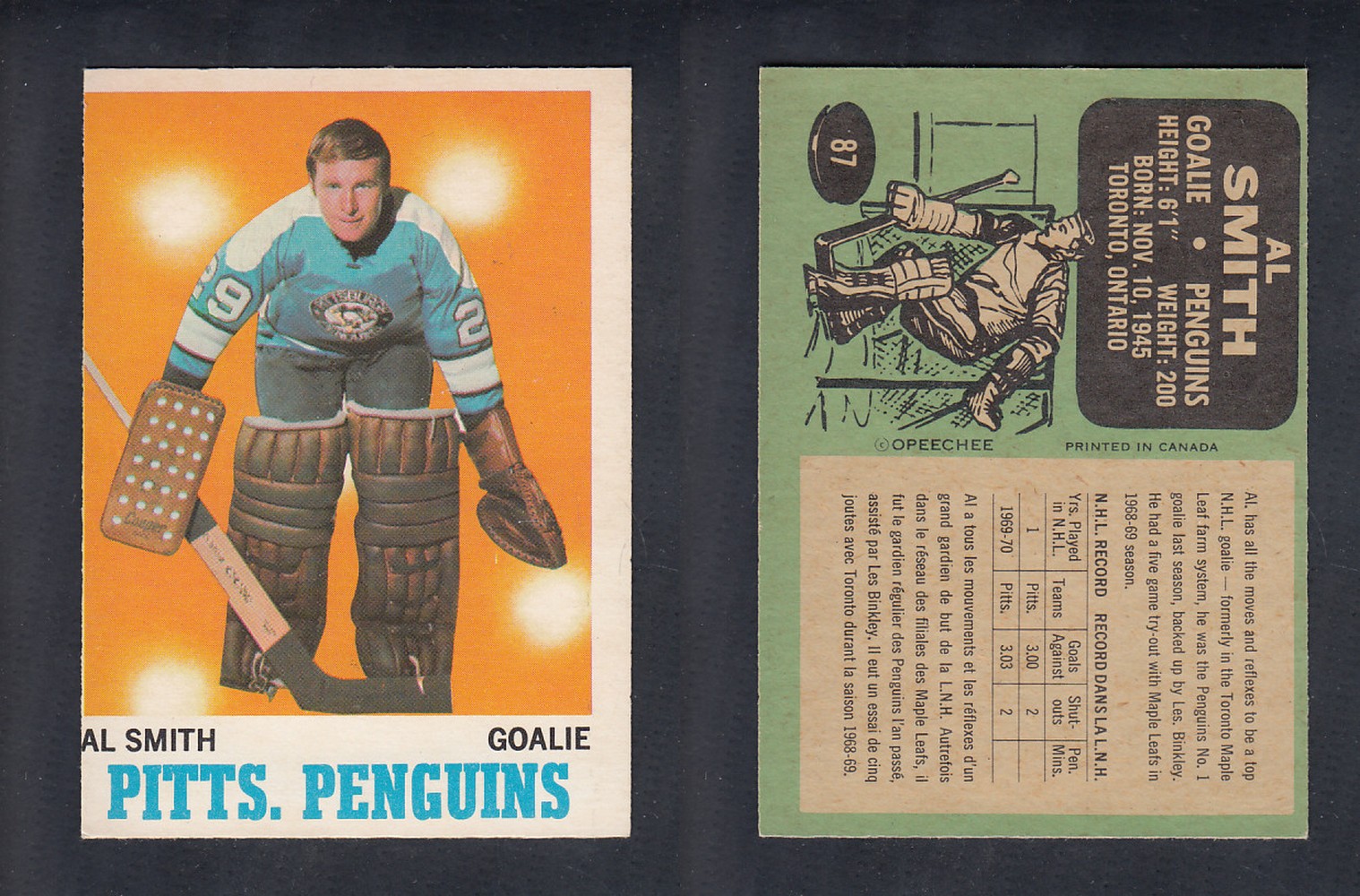 1970-71 O-PEE-CHEE HOCKEY CARD  #87 A. SMITH photo