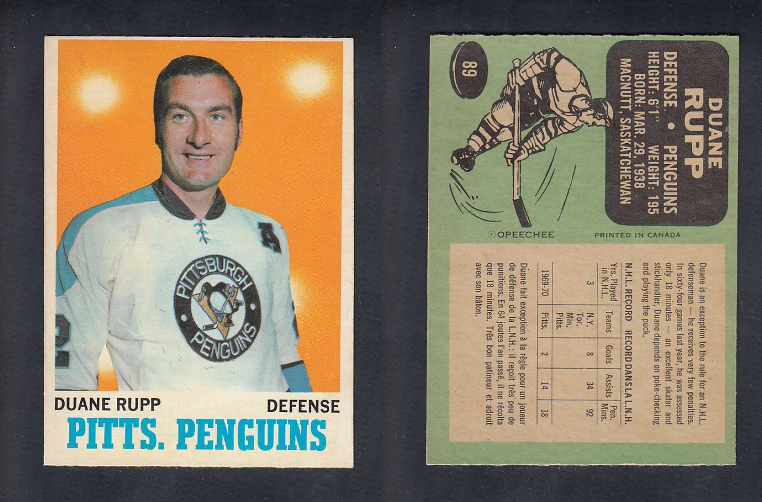 1970-71 O-PEE-CHEE HOCKEY CARD  #89 D. RUPP photo