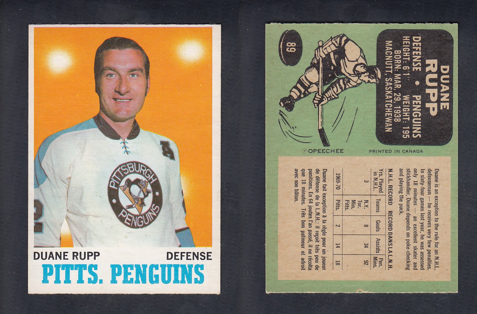 1970-71 O-PEE-CHEE HOCKEY CARD  #89 D. RUPP photo