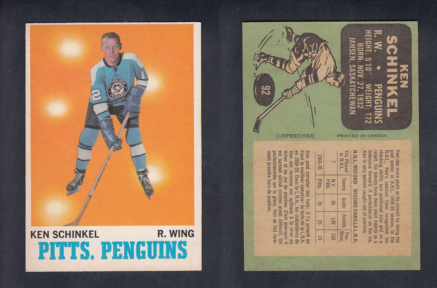 1970-71 O-PEE-CHEE HOCKEY CARD  #92 K. SCHINKEL photo