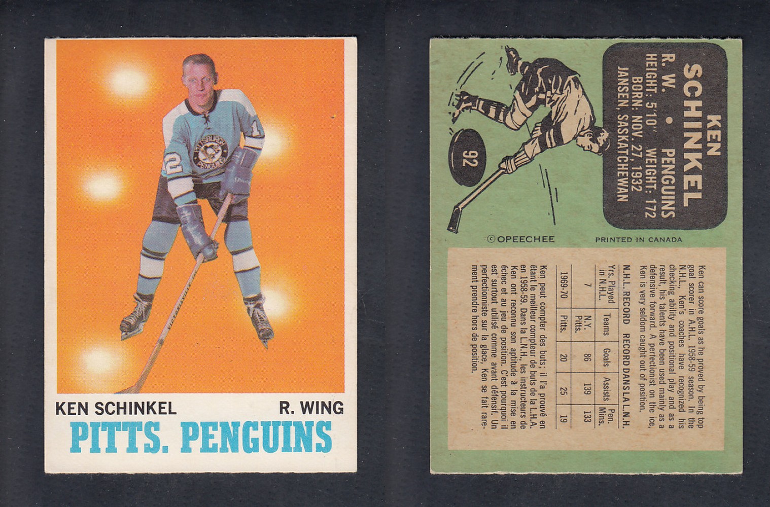 1970-71 O-PEE-CHEE HOCKEY CARD  #92 K. SCHINKEL photo