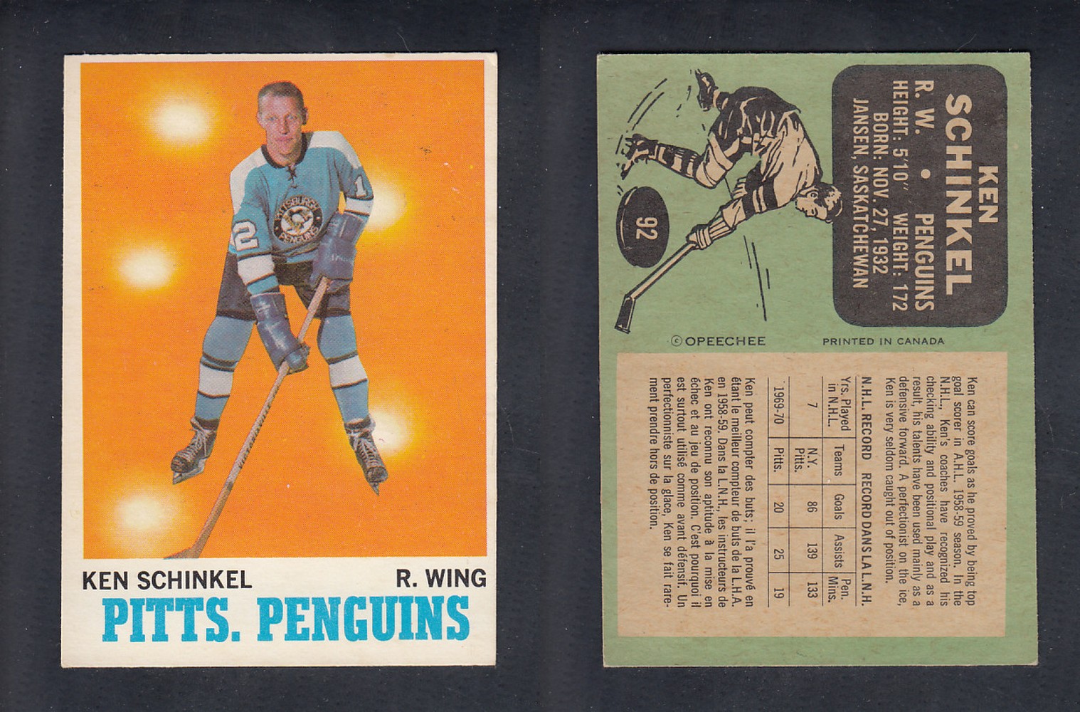 1970-71 O-PEE-CHEE HOCKEY CARD  #92 K. SCHINKEL photo