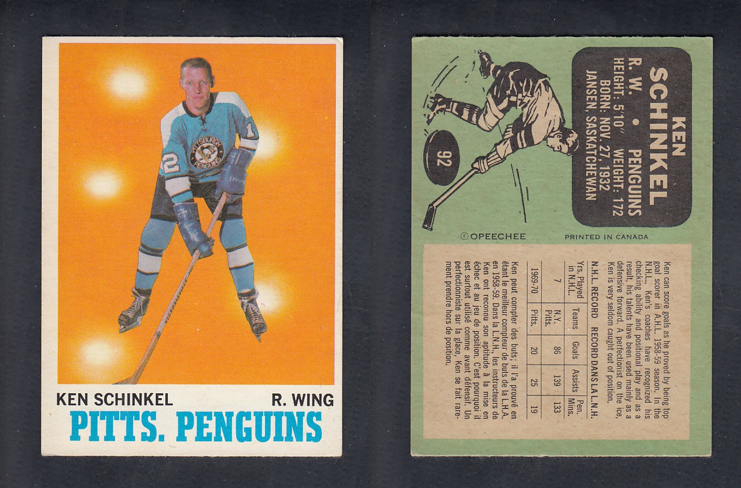 1970-71 O-PEE-CHEE HOCKEY CARD  #92 K. SCHINKEL photo