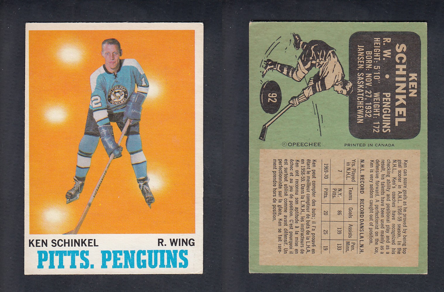 1970-71 O-PEE-CHEE HOCKEY CARD  #92 K. SCHINKEL photo