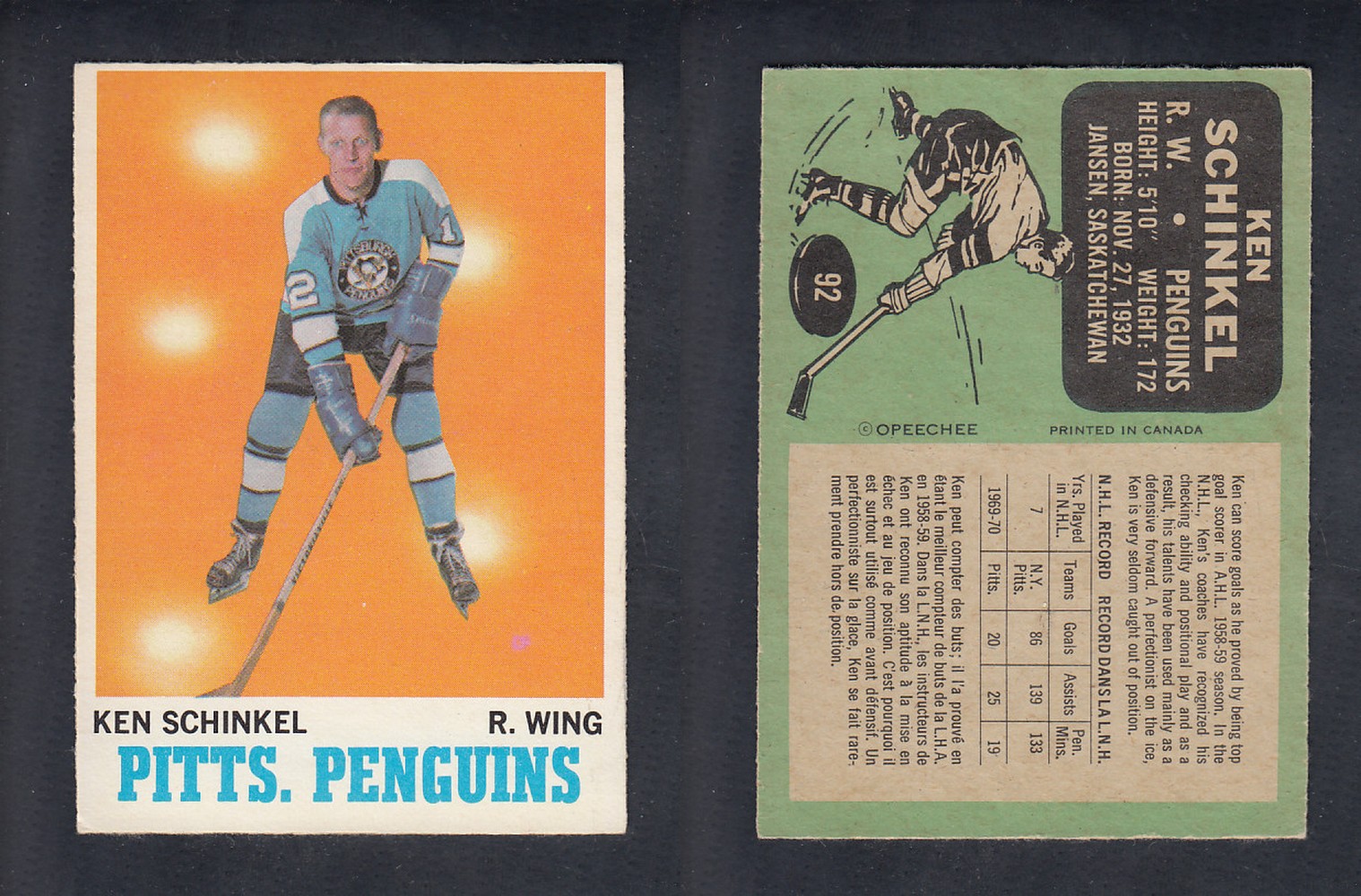 1970-71 O-PEE-CHEE HOCKEY CARD  #92 K. SCHINKEL photo